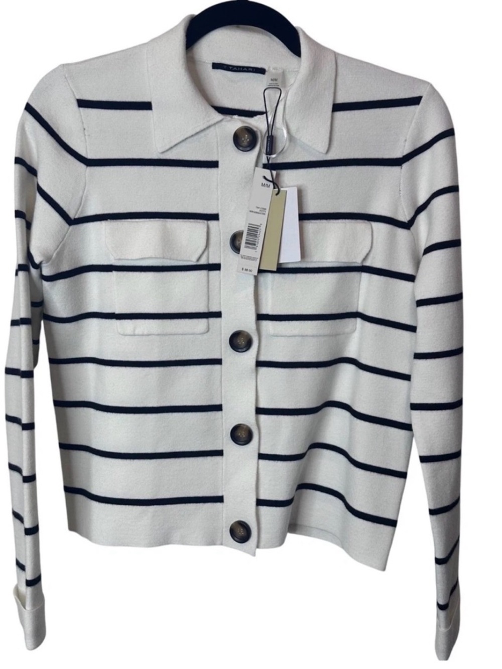 Tahari Black White Striped Cardigan Collared Knit Top Button Front Small NWT